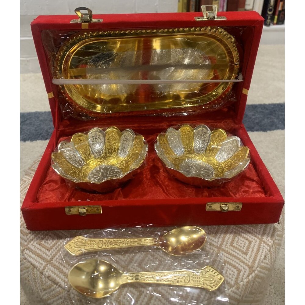 Vintage Traditional India Brass Silver Plated Bowl and Spoons Set Red Velvet Box